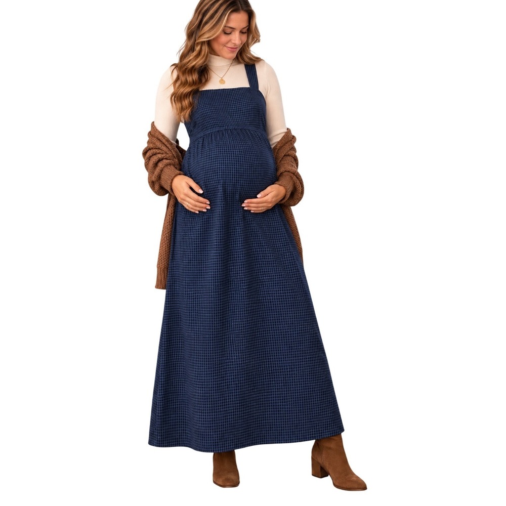 Motherhood Maternity Navy Blue Gingham Plaid Maxi Jumper Dress Size M Sleeveless